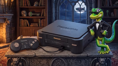 Panasonic 3DO console and controller on a stone table next to Gex the Gecko in a tuxedo inside a gothic room.