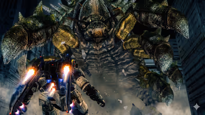 Vital Suit mecha battling the giant Akrid boss Godon in Lost Planet: Extreme Condition.