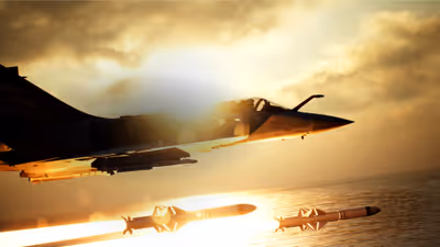 Fighter jet launching two air-to-air missiles during golden hour in Ace Combat 7.