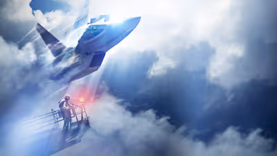 An F-22 Raptor fighter jet soaring through sunlit clouds above an astronaut standing on a platform.