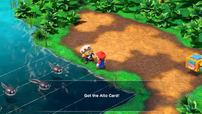 Mario receiving the Alto Card from the composer Toadofsky at Melody Bay in the Super Mario RPG remake.