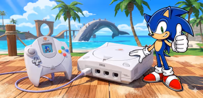 A top-down view of a classic white Sega Dreamcast console and its connected controller on a dark surface with subtle neon lighting.