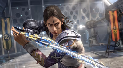 A fantasy warrior with shoulder-length dark hair in ornate armor wields a glowing sword charged with blue and gold lightning inside a futuristic hall.