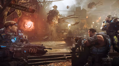 Gears of War 4 squad soldiers battling Swarm monsters on a ruined city street