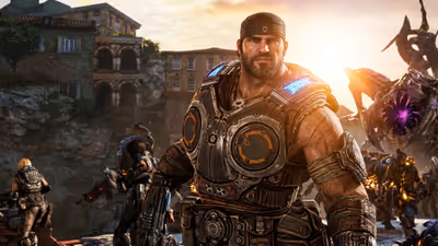 Marcus Fenix from the Gears of War series wearing heavily scarred COG armor in a ruined city at sunset, with monstrous enemies looming in the background.