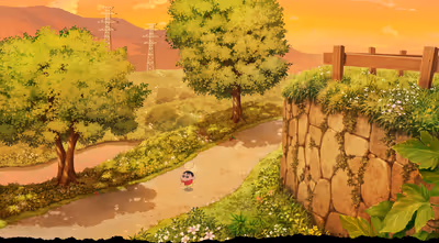 Shin-chan walking with an insect net on a path near a stone wall and power towers at sunset.