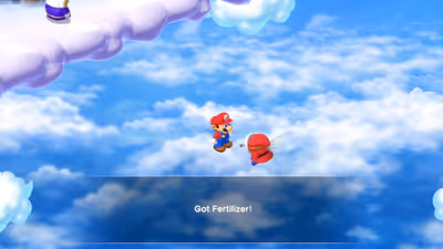 Mario receiving the Fertilizer item from a flying Shy Guy on an invisible path in the sky in the Super Mario RPG remake.