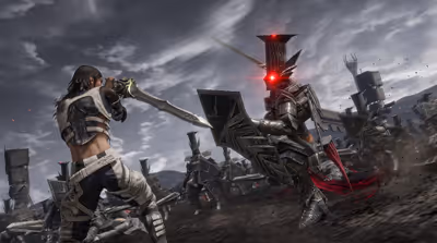 Kaim Argonar fighting an armored enemy soldier on a battlefield in the video game Lost Odyssey.