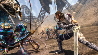 Kaim Argonar prepares to strike iridescent mechanical enemies during a battle sequence in Lost Odyssey.
