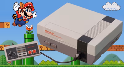 NES console and controller with Raccoon Mario flying against a Super Mario Bros 3 background.