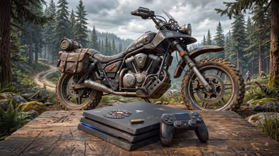 A PlayStation 4 Pro console and DualShock 4 controller sitting on a rustic wooden table in a dense forest