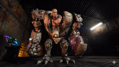 Strogg cyborg enemy with rusted armor and a purple energy weapon in a dark industrial room, Quake 4 screenshot.