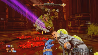 Player battling the Great Unclean One boss wielding a giant sword and bell mace, surrounded by gore and fallen enemies in Warhammer 40,000: Boltgun.