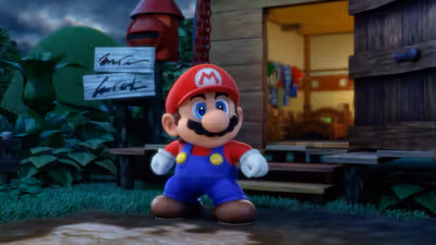Mario standing outside his house at dusk in the Super Mario RPG remake.