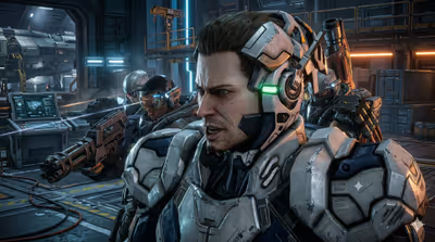 Sam Gideon in ARS armor and allied soldiers preparing for battle at a base in Vanquish.