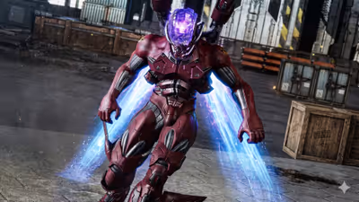 Alpha boss with active back thrusters ready for combat in Vanquish.