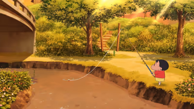 Shin-chan fishing by a bridge during a golden sunset.