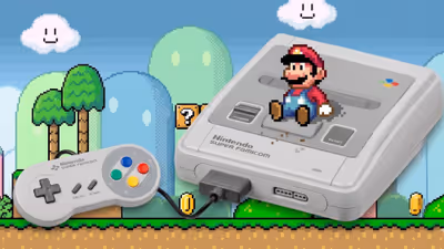 Super Famicom console and controller with pixel art Mario sitting on it against a Super Mario World background.