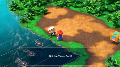 Mario receiving the Tenor Card from the composer Toadofsky at Melody Bay in the Super Mario RPG remake.