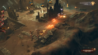 A gameplay screenshot from a Warhammer 40k turn-based strategy game showing a squad of red Space Marines firing weapons