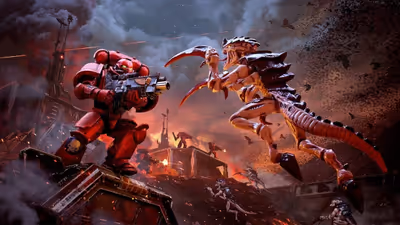 A red Blood Angels Space Marine Hellblaster aiming his weapon directly at a leaping Tyranid Warrior with sharp scythe-like claws in a dark, fiery warzone.