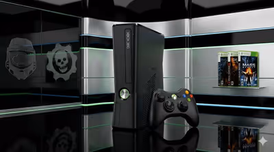A black Xbox 360 console standing vertically next to its black controller on a reflective black surface in a modern, metallic-looking room.